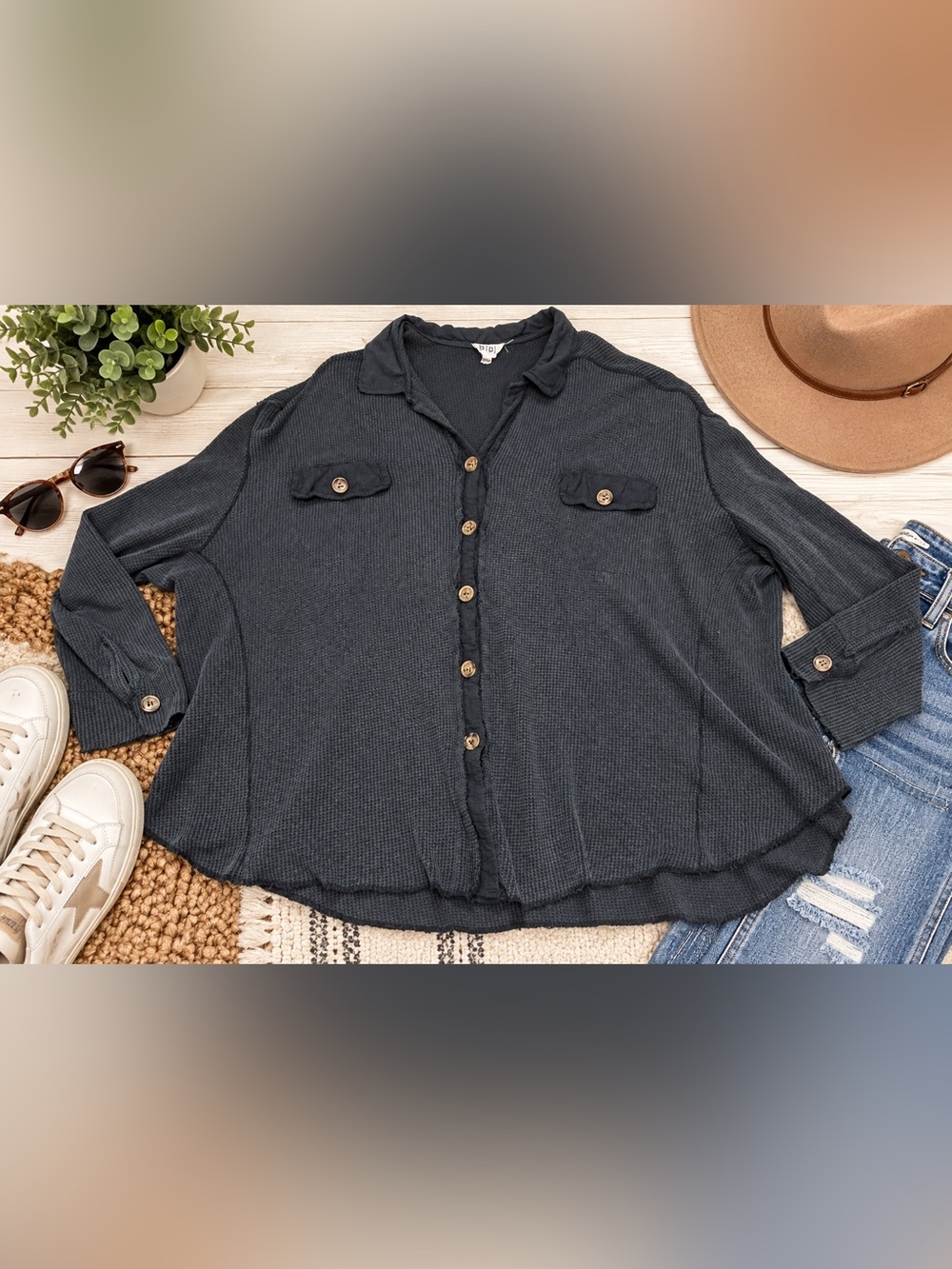 BiBi Charcoal Gray Waffle Knit Button Front Oversized Shirt